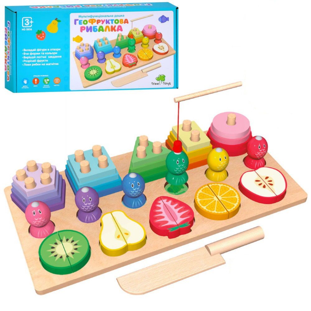 Деревянная игрушка многофункциональная доска "Гео-Фруктовая Рыбалка" MD 0856 геометрика, фрукты