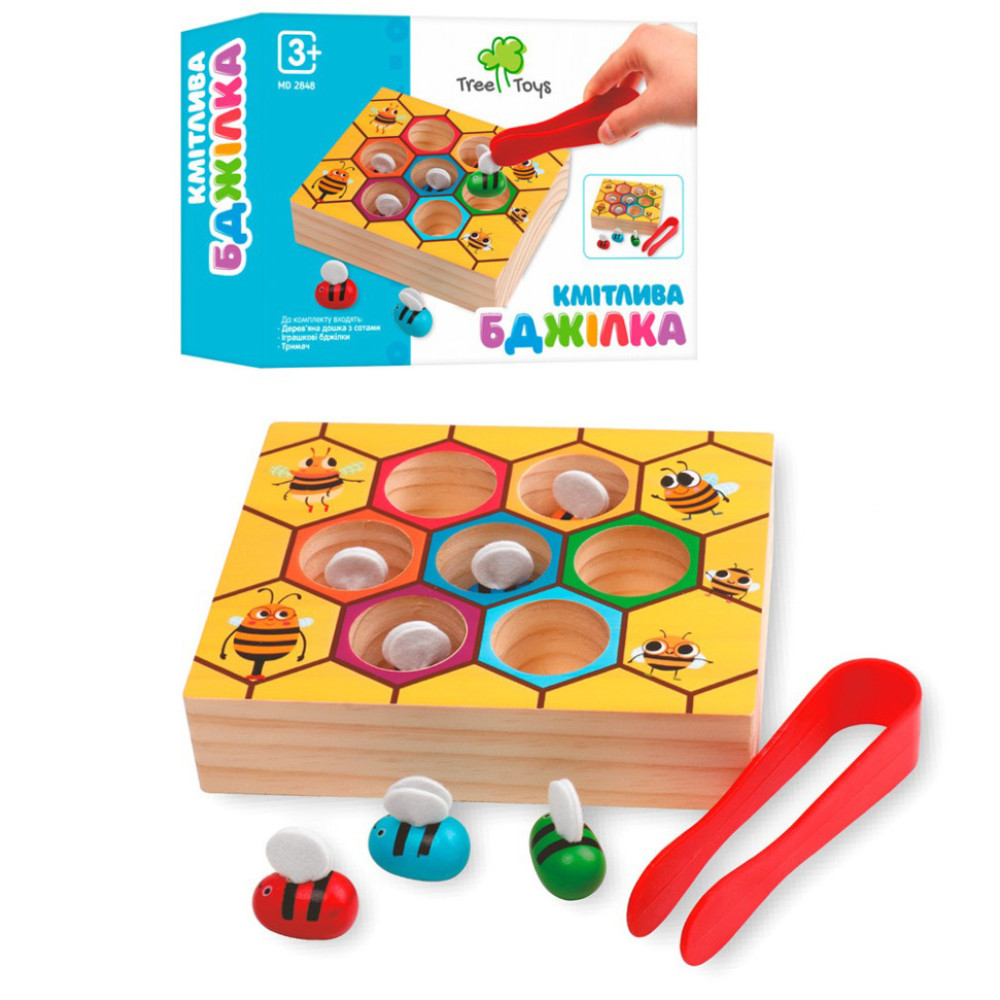 Деревянная игрушка "Сообразительная Пчелка" MD 2848 игровое поле/соты, щипцы и 7 пчелок