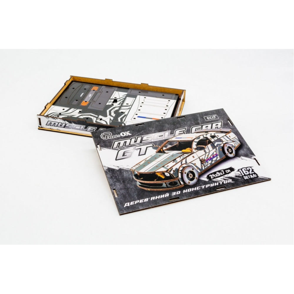 Деревянный 3D конструктор "Muscle car GT" Puz-00639, 162 детали, белый