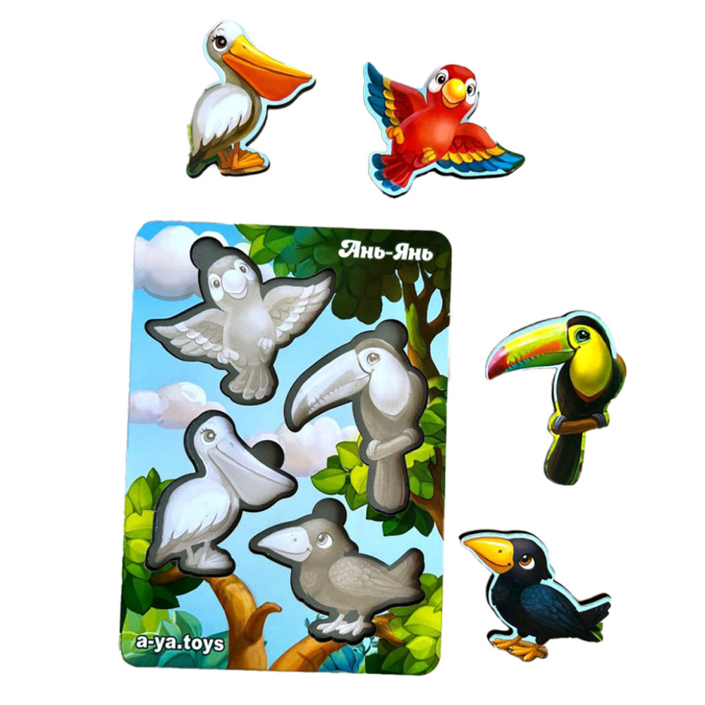 Деревянный пазл-вкладыш "Птицы" Ubumblebees (ПСФ062) PSF062 фон с подсказкой