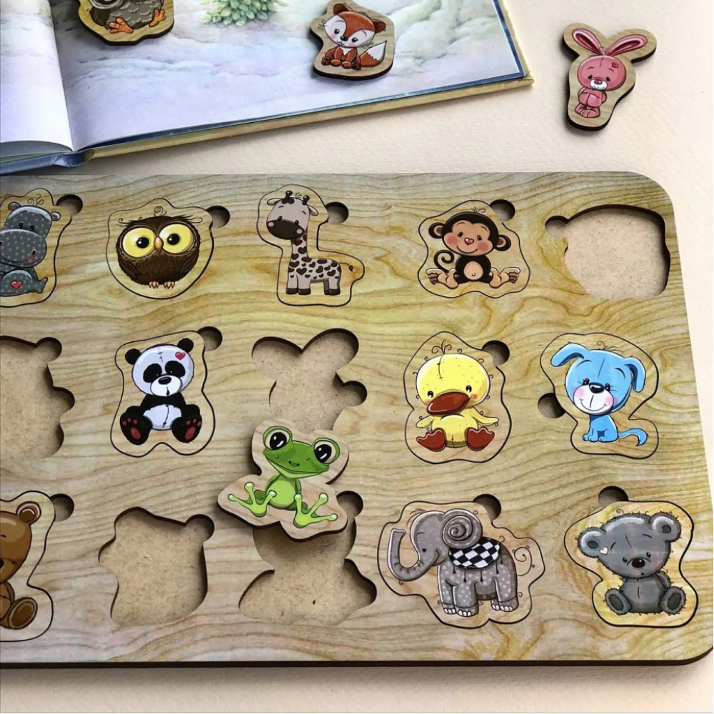 Деревянный пазл-вкладыш "Звери" Ubumblebees (ПСД027) PSD027, 15 животных