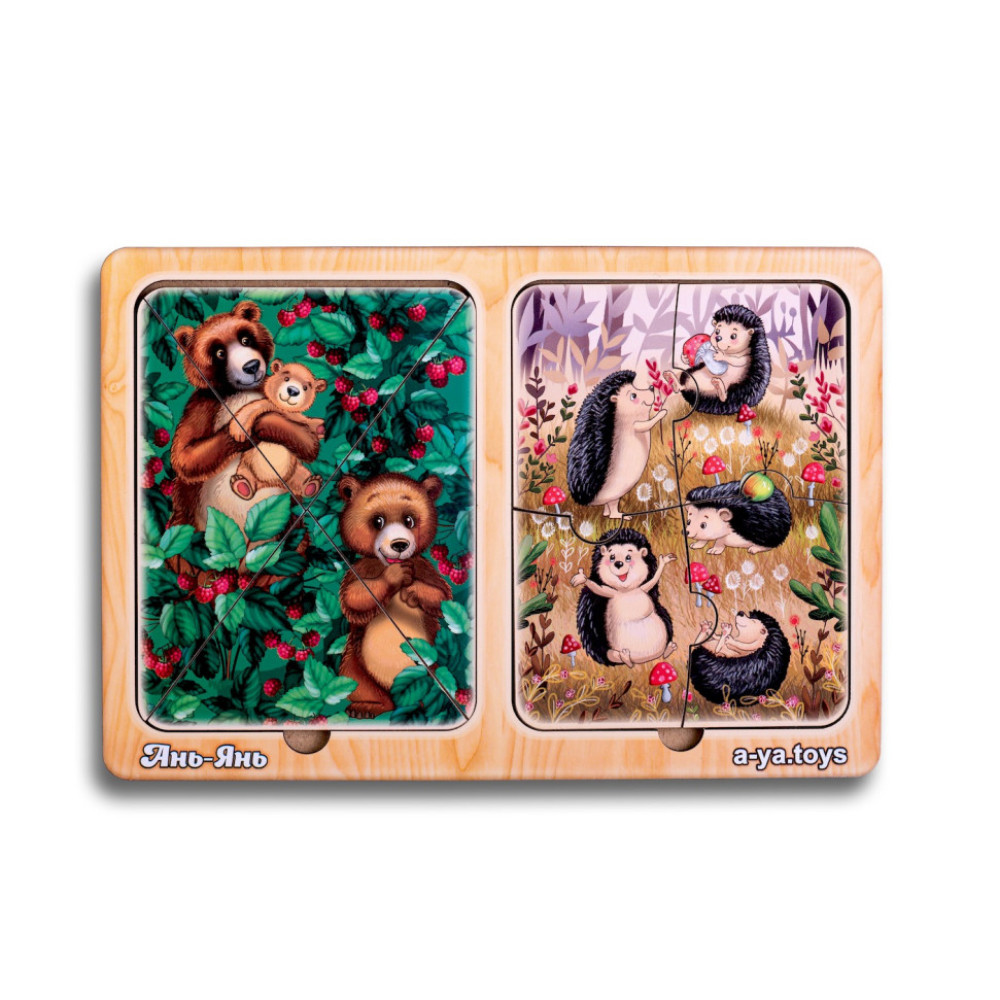 Дерев'яний пазл-вкладиш "Їжачки та ведмеді" Ubumblebees (ПСД186) PSD186 у рамці
